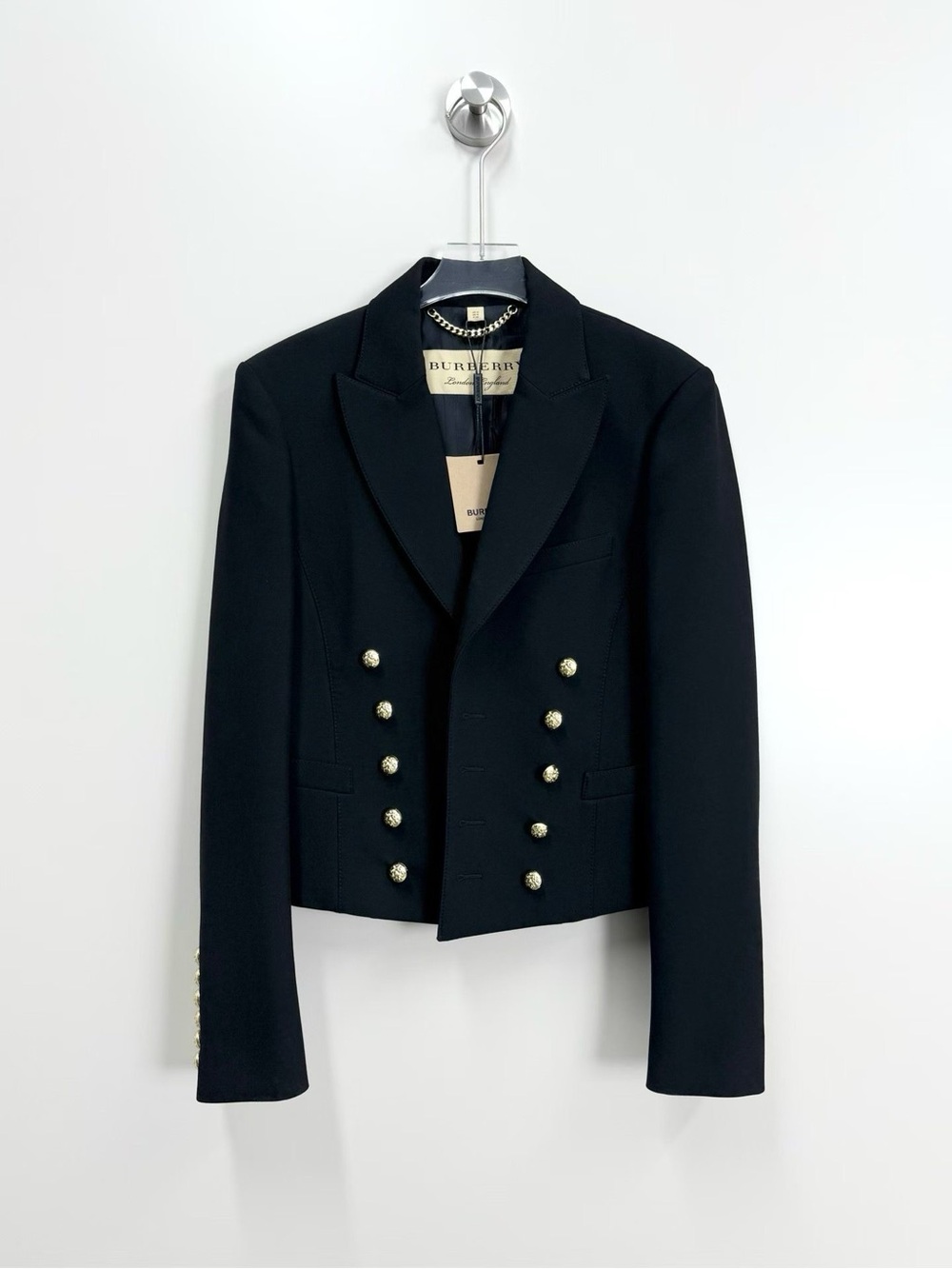 Burberry Black Double-Breasted Military-Style Blazer with Gold Buttons